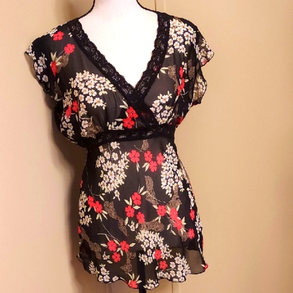 Rave Black and Red Flutter Sleeve Wrap Blouse